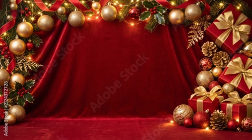Luxurious Christmas background with red velvet fabric, golden ornaments, pine cones, and gift boxes