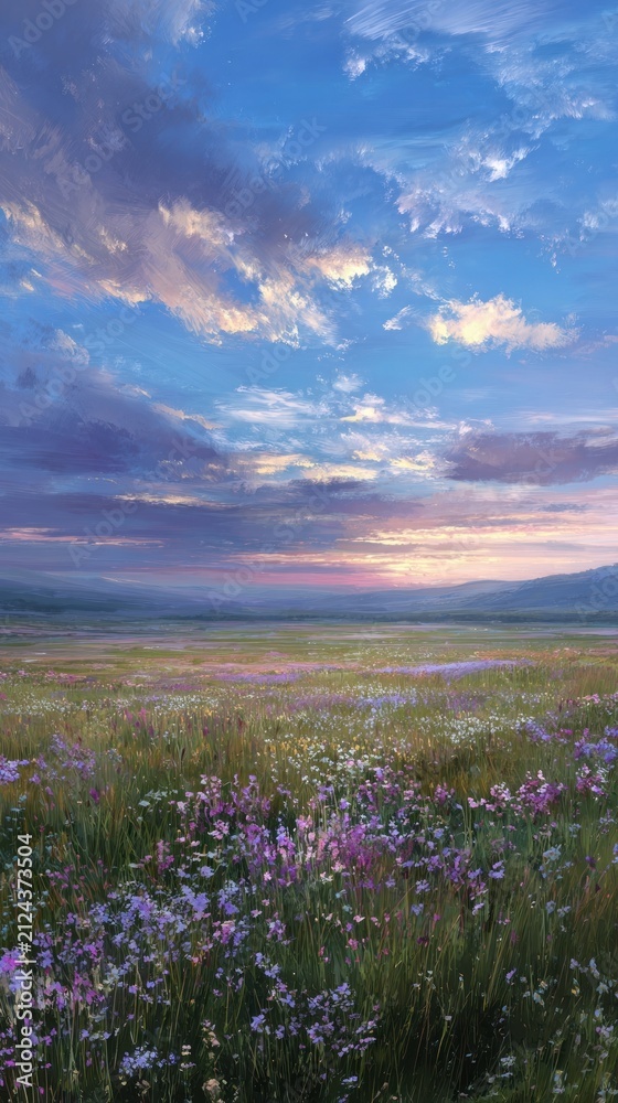 Obraz premium Serene field of wildflowers under a vibrant sky, perfect for mobile wallpaper.