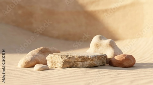 Minimalist stone podium display on sand background for product presentation with soft natural sunlight and shadows