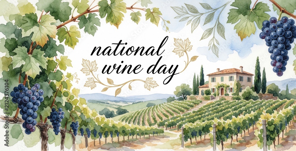 Naklejka premium Watercolor illustration of vineyard landscape with villa building. Bunches of ripe purple grapes hang from vines. Artistic postcard design for National Wine Day celebration. Elegant botanical frame