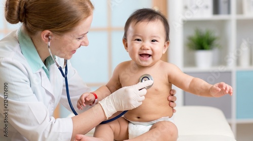 Pediatrics: Smiling Asian infant receives heart and lung examination with stethoscope