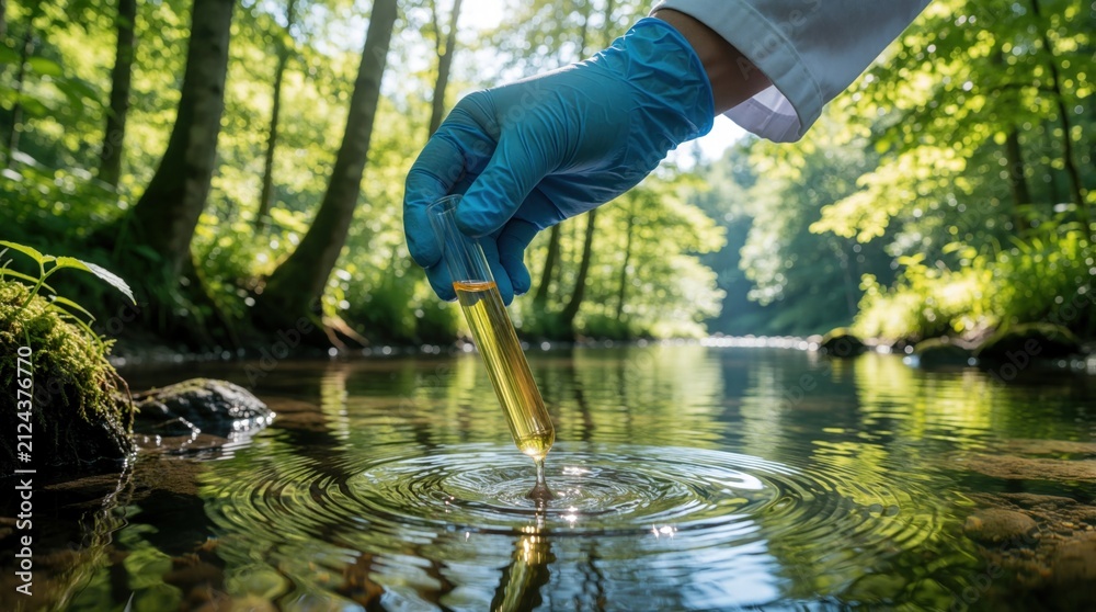 Obraz premium Scientist in blue gloves collects water sample from forest stream in test tube. Person studies nature, river water quality, fresh liquid for research or analysis.