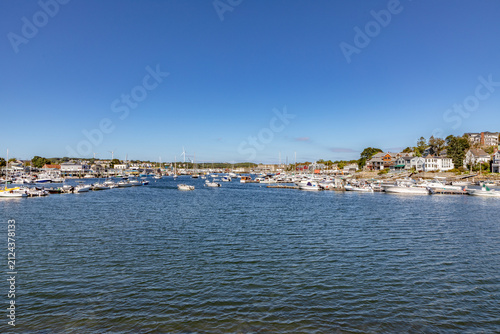 Canvas Print view from seaside to heritage Marina in Gloucester and old town with church, yac