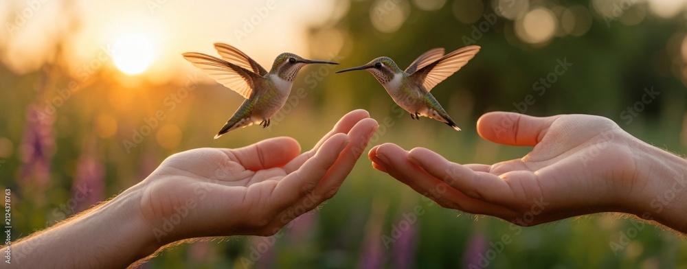 Fototapeta premium Two tiny hummingbirds hover over outstretched human hands at sunset. Gentle interaction between person and wildlife in nature. Trust and connection shown between human and bird.