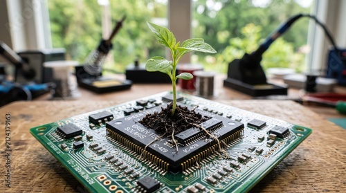 A small green plant sprouts from a computer circuit board in a bright workshop setting close up view.
