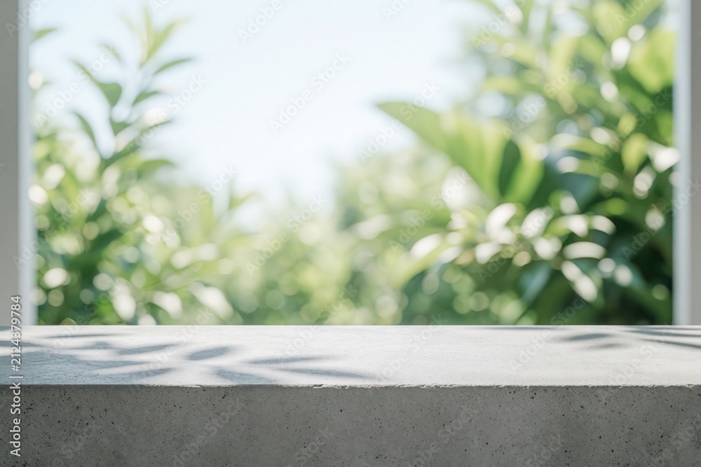 Obraz premium Concrete counter casts leaf shadows before blurred green foliage, bright sky seen through window. Natural outdoor light creates soft bokeh effect, perfect for product display nature themed graphics.