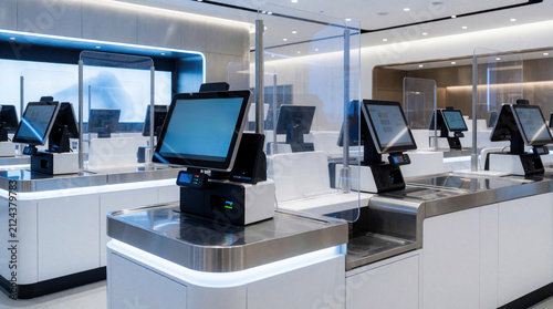 Modern self service checkout counters in clean minimalist store interior. Digital screens with touch interface allow fast customer payment transactions. Advanced retail technology system features