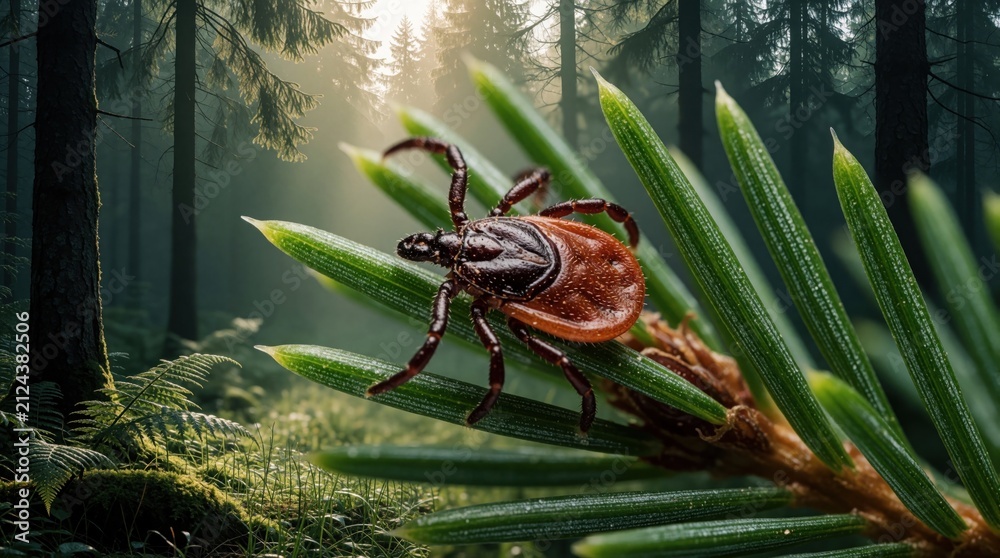Obraz premium Macro view of tick crawling on pine needles in forest. Small parasitic arachnid sits on green plant outdoors. Insect poses danger as of Lyme disease. Warning for hiking travel, public health safety.
