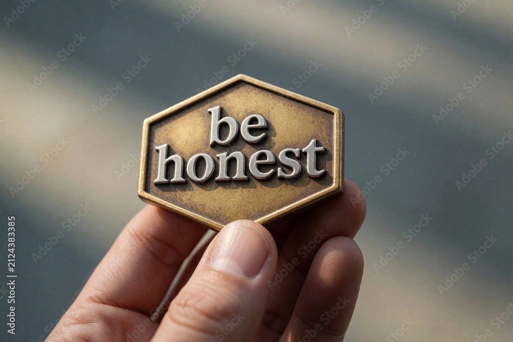 Obraz premium Hand holds golden hexagonal badge with embossed be honest text. This object symbolizes integrity, truthfulness, ethical conduct. It serves as reminder for trustworthy actions, genuine character.