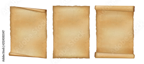 Set of aged paper sheets with worn edges and vintage texture on transparent background. Realistic illustration of antique parchment for design, history themes and layouts. High quality and resolution