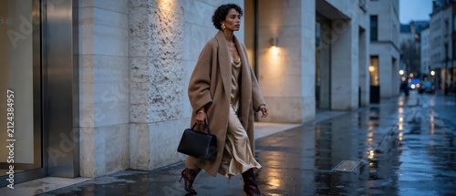 Stylish woman in a beige wool coat and silk dress walking on a wet city street, representing luxury modern street style fashion for urban lifestyle editorials