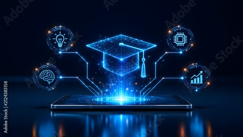 Holographic graduation cap hovering over a smartphone with digital nodes representing mobile elearning and educational technology apps