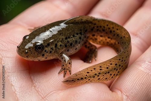 Small tadpole sits on human palm. Young amphibian with spotted brown skin rests in hand. Tiny aquatic creature shows early frog growth stages. Wildlife researcher examines development of polliwog in