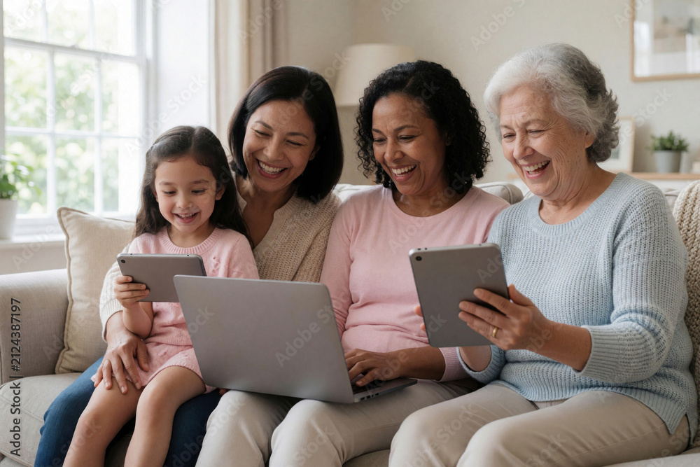 Fototapeta premium Multi-generational women laugh using tablet, laptop, phone together on couch. Family enjoys time online at home, sharing digital content and virtual moments happily.