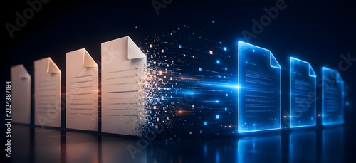 Physical paper documents dissolving and transforming into glowing blue digital data files representing digital transformation and paperless office