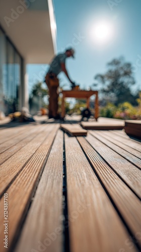 Outdoor wooden deck construction in progress with worker focused on carpentry tasks on a sunny day creating a natural backyard living space enhancement