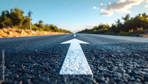 Asphalt road with a white arrow painted on the surface pointing forward towards a bright horizon under blue sky
