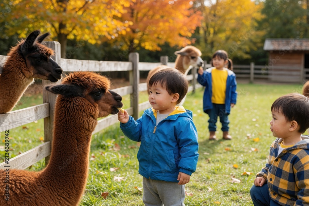 Fototapeta premium Toddlers feed alpacas at farm zoo on autumn day. Kids interact with animals at petting zoo. Children enjoy nature and fall season on rural countryside.