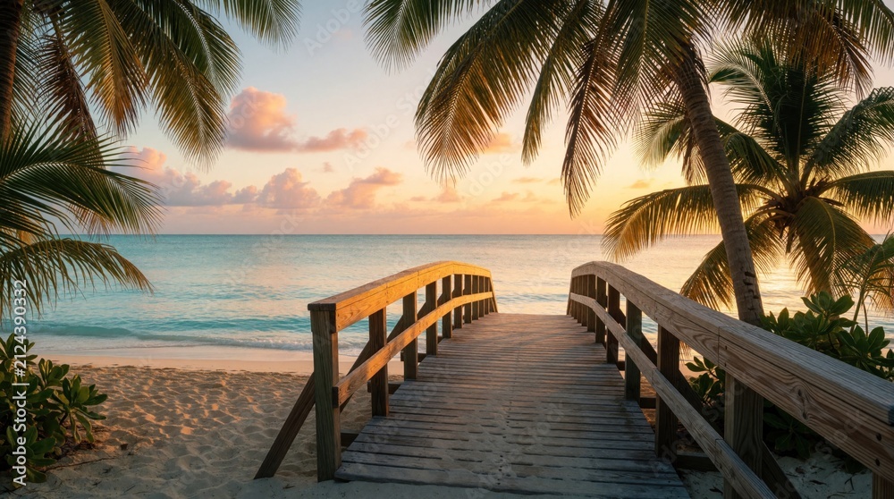 Obraz premium Wooden footbridge leads to tropical beach at sunrise. Calm turquoise ocean water meets golden sky under palm trees. Shoreline features sand, serene landscape during early morning light. Peaceful