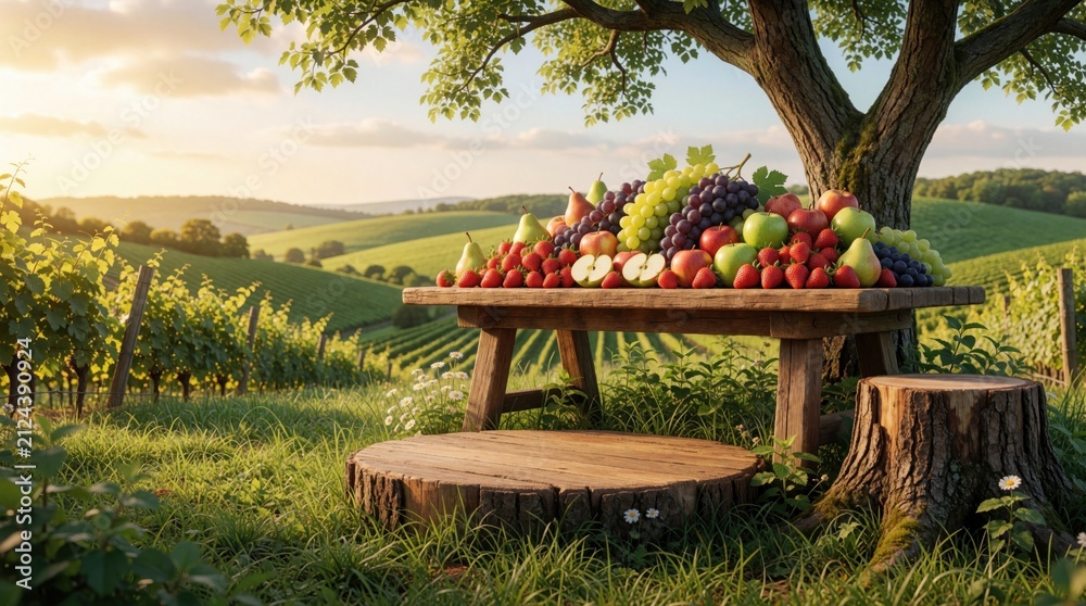 Naklejka premium Wooden table with fresh fruit stands in green meadow under tree. Ripe grapes strawberries apples pears lie on rustic desk at sunny farmland. Background view of vineyard landscape rolling hills, sky