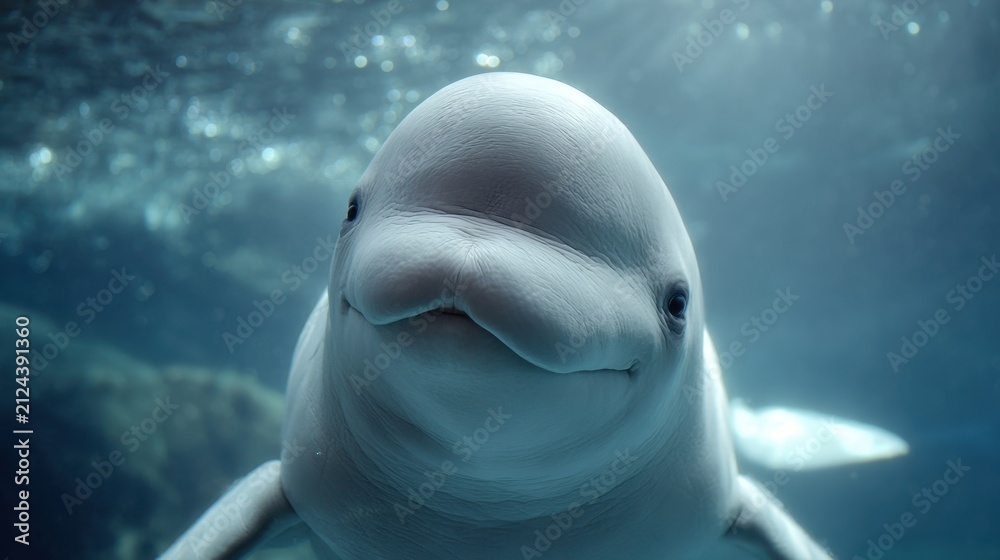 Fototapeta premium Close-up portrait of a beluga whale underwater with soft blue light