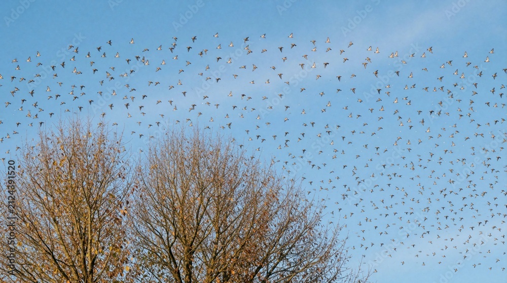 Obraz premium Large flock of Brambling birds flies in blue sky above autumn trees. Huge swarm of wild finches travels together in migration pattern. Many small creatures move quickly over leafless forest branches.