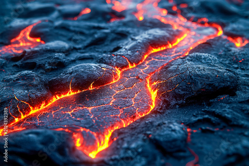 Close-up of erupting lava flowing over cooled volcanic rocks in vibrant red and orange hues