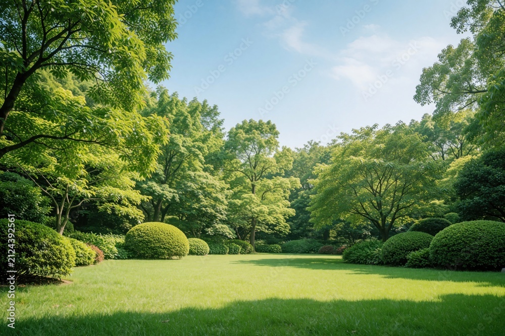 Fototapeta premium Rich green lawn in meticulously maintained park garden with manicured bushes and trees. Sunny day with blue sky provides natural outdoor setting for relaxation and beauty.