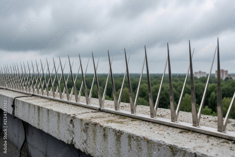 Obraz premium Metal spikes deter birds from landing on building roof edge. Stainless steel anti-roosting spikes prevent avian pest problems on urban structures. Cloudy sky background.