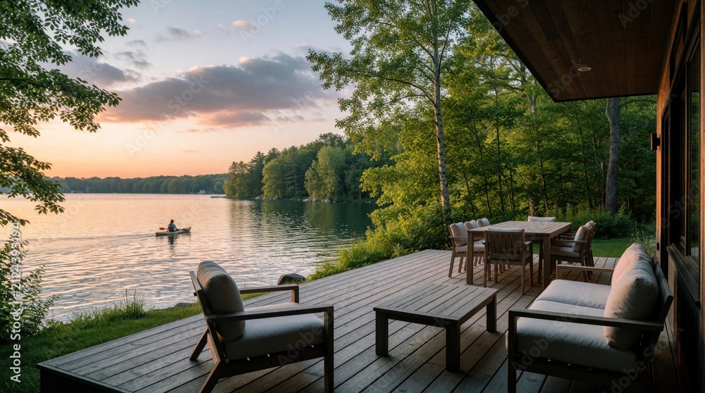 Obraz premium Modern wooden deck with outdoor furniture overlooks calm forest lake during sunset. Person paddles kayak on quiet water near trees. Luxury house patio provides peaceful leisure for people relaxing in