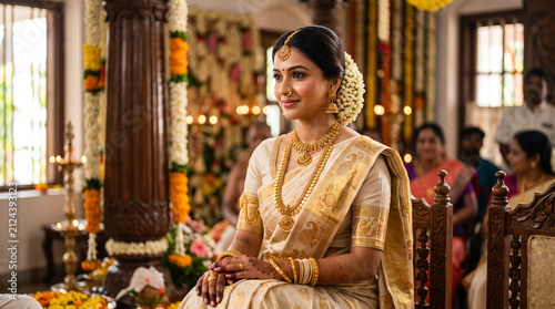 Beautiful indian bride in traditional kerala saree and gold jewelry at a wedding ceremony