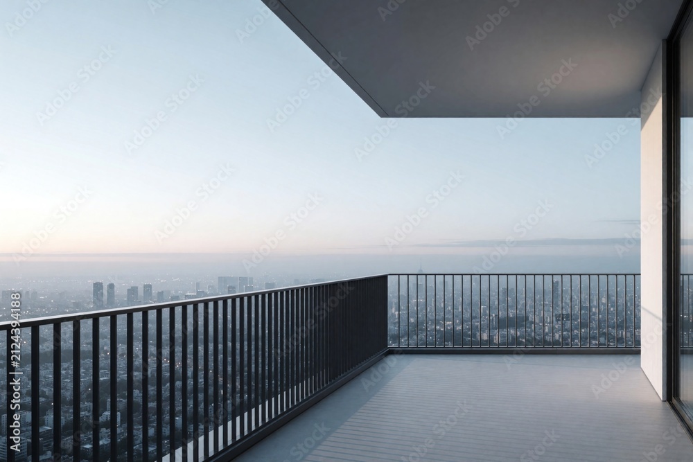 Obraz premium Empty minimalist balcony overlooking sprawling city skyline at sunrise. High rise terrace features clean lines, modern architecture. Calm atmosphere provides wide perspective of urban horizon. Luxury