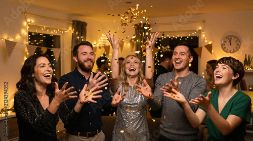 Friends Celebrate With Confetti and Lights at a Party