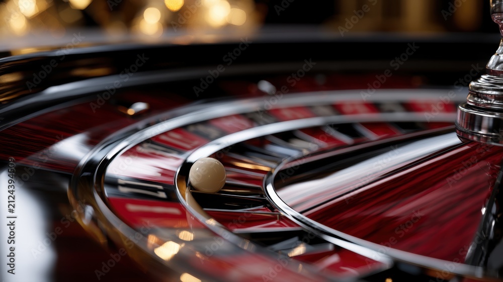 Obraz premium Elegant roulette wheel with ball spinning around red and black numbered pockets in a glamorous casino setting under warm ambient lighting