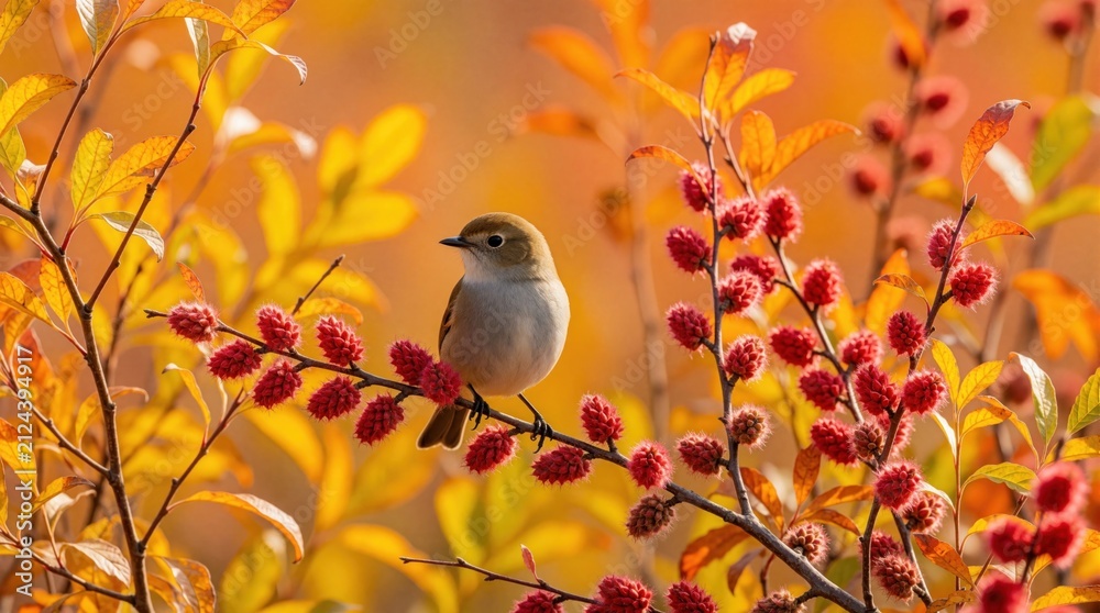 Obraz premium Small brown songbird perches on branch with red berries in sunny autumn forest. Little avian wildlife sits on twig among bright yellow orange leaves during fall season. Cute forest animal enjoys warm