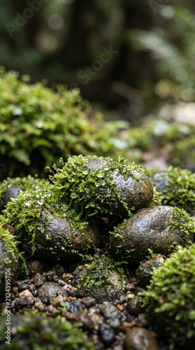 smooth river stones covered in green moss with tiny water droplets, soft diffused natural light, tactile and earthy textures, serene composition, negative space at the top
