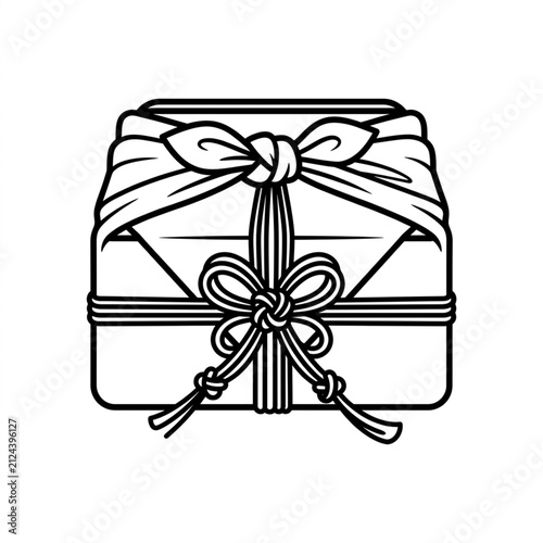 Illustration of a gift box wrapped in a fabric, with a symmetrical bow on top
