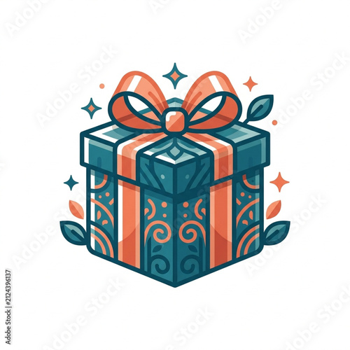 Gift box illustration with teal and orange colors, adorned with swirling patterns