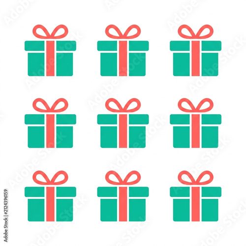 Nine stylized icons of gift boxes are arranged in a 3x3 grid on a white background