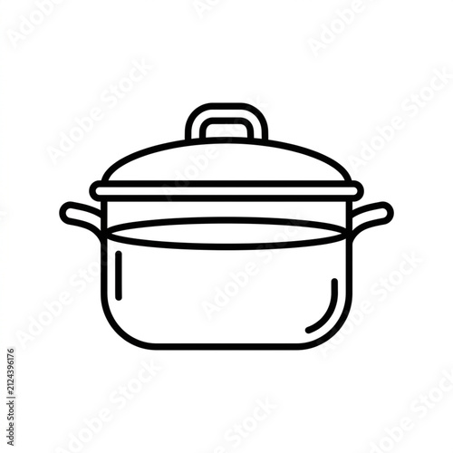 Black and white line drawing of a cooking pot with handles and a lid, featuring a central handle on the lid