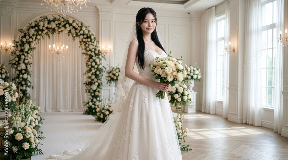 Obraz premium 光差し込むチャペルでブーケを持ち優雅に微笑むウェディングドレス姿の花嫁