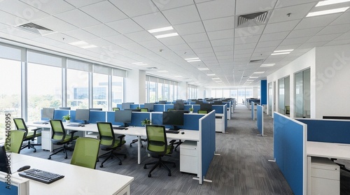 Modern open-plan office interior with rows of empty workstations