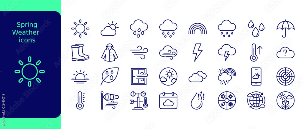 Obraz premium Spring Weather Icons Vector Set Rain Sun Forecast Outline