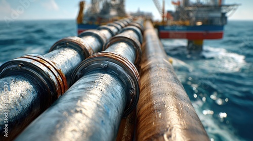 Offshore Oil and Gas Pipeline Installation: A massive industrial operation unfolds at sea as pipelines are laid from a support vessel towards an offshore platform.