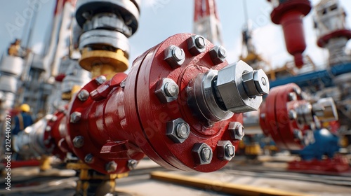 Industrial valve system close-up: A detailed view of a robust red industrial valve with numerous bolts, connected to complex piping and machinery in an oil and gas extraction facility.