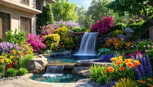Beautiful Backyard Oasis with Cascading Waterfall and Vibrant Flower Garden.