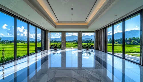 Modern luxury hotel lobby with panoramic mountain and rice field