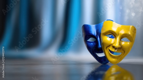 Two colorful theatrical comedy and tragedy masks in blue and yellow resting on reflective surface with blurred blue curtains in background symbolizing drama and emot