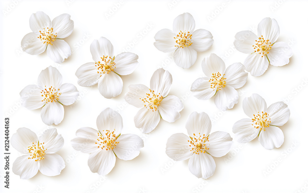 Fototapeta premium Beautiful jasmine flowers in air on white background