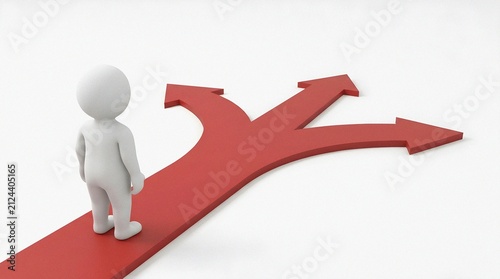 Figure at a crossroads choosing a future path with three red arrows.